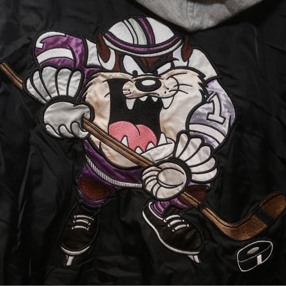 Vintage 90s Taz Looney Tunes WB Jacket Black Full Zip Hood Hockey - Picture 6 of 6